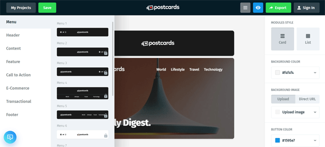 email editor postcards blocks