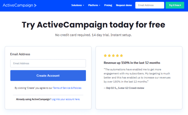 Active Campaign free signup page