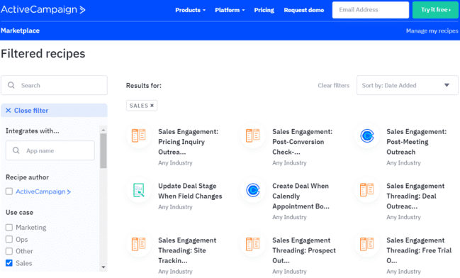 ActiveCampaign CRM sales engagement automation recipes