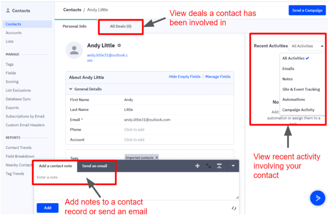 ActiveCampaign sales crm contact data
