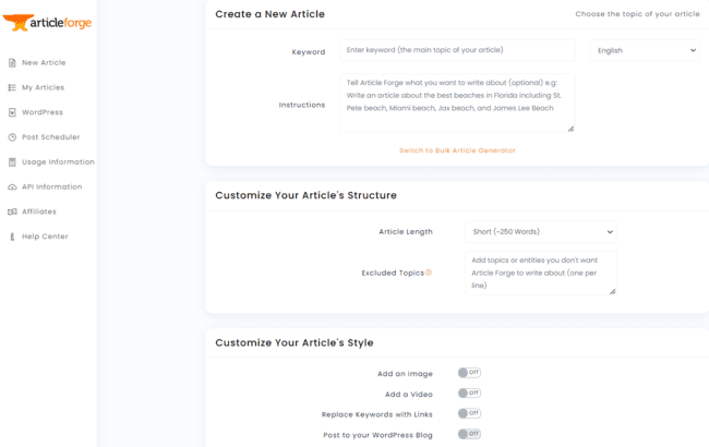 Article Forge crea un nuevo artículo con IA