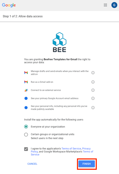 Beefree Gmail plugin add on extension authorization