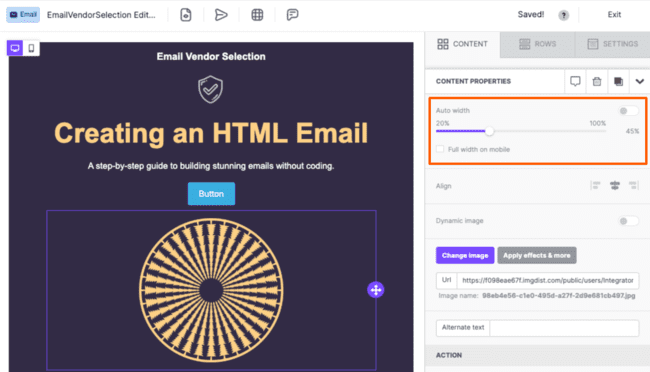 Beefree adding image email customize width