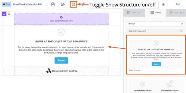 Beefree email editor adding rows template