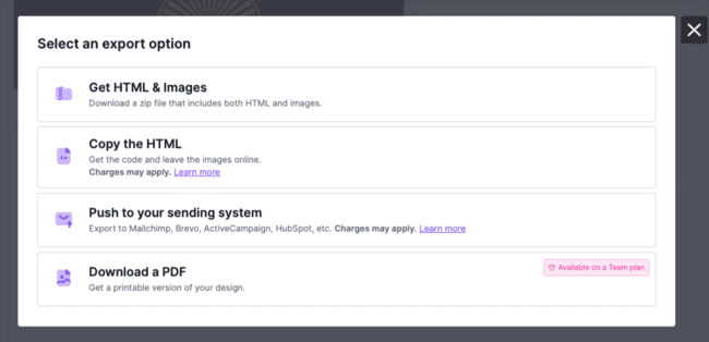 Beefree email template export options
