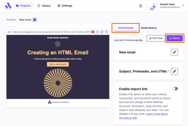 Beefree export email template send email marketing tools