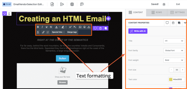 Beefree text formatting email editor builder