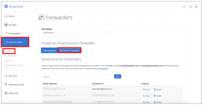 Bluehost forwarders