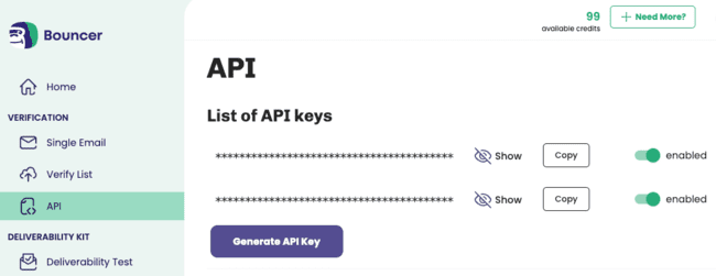 Bouncer email verification API keys set up
