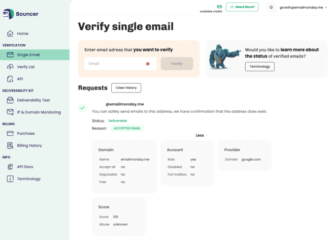 Bouncer single email validation verifiction review