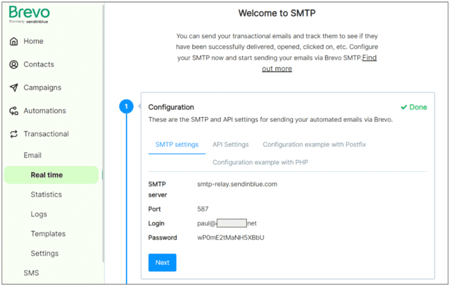 Brevo configure SMTP settings