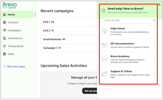 Brevo in-app customer support options