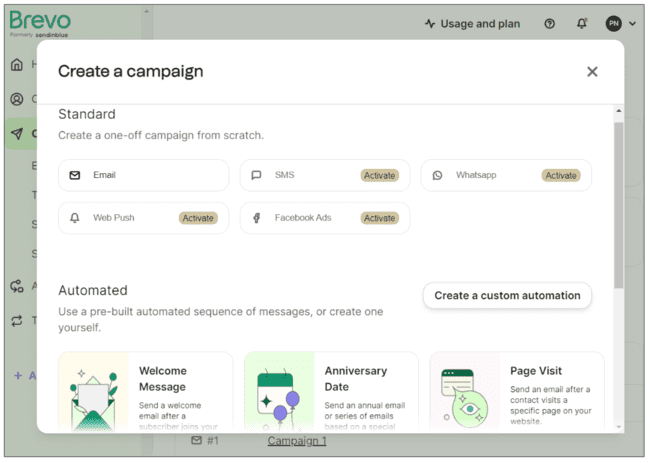 Brevo review email and automation campaign options