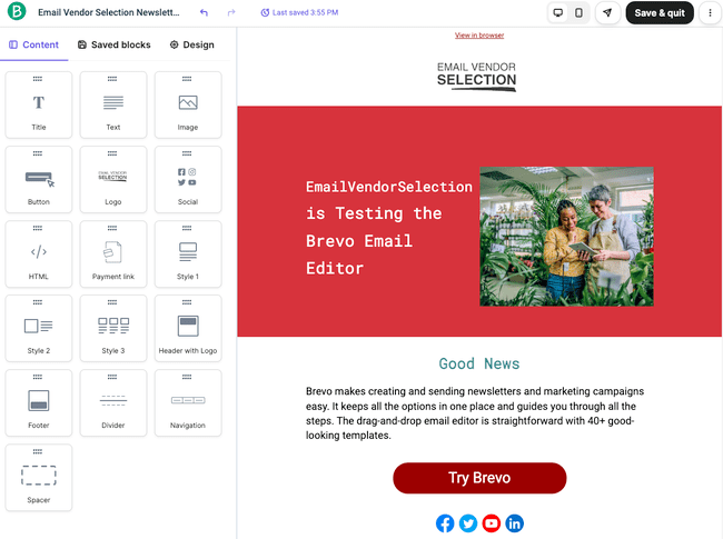 Brevo review email editor content blocks