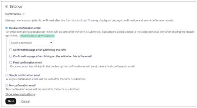 Brevo sign-up confirmation settings
