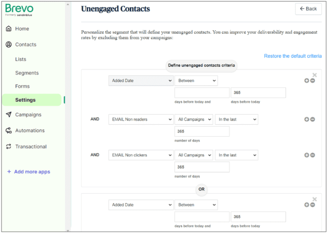 Brevo’s unengaged contacts segment