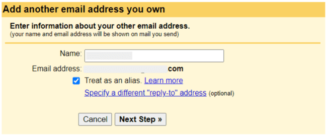 Confirma información del remitente en una nueva cuenta de Gmail configurar con una dirección de correo electrónico personalizada existente