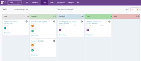 Engagebay deals tab dashboard