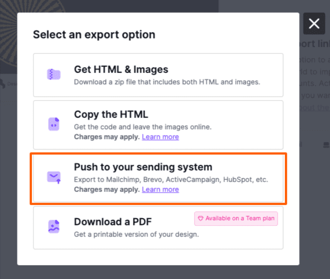 Export to email marketing tool Beefree io builder