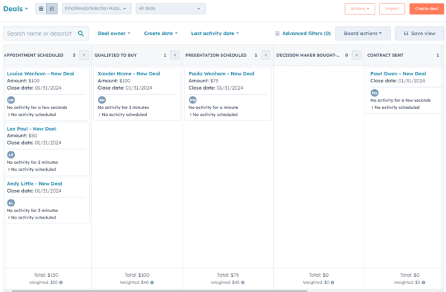 Hubspot CRM Kanban board view of a sales funnel