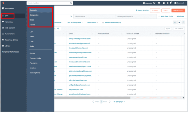 Hubspot CRM customer data records