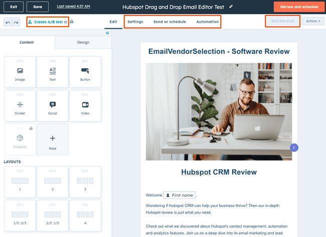 Hubspot CRM email testing and sending options