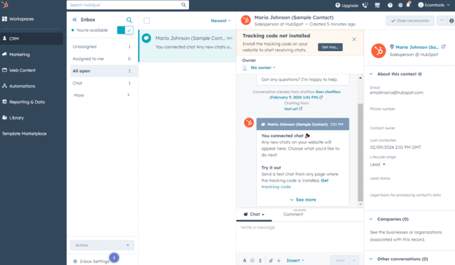 Hubspot CRM inbox