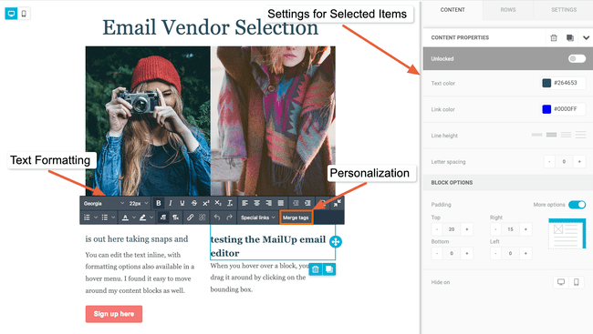 Mailup editor text formatting