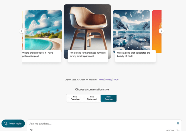 Microsoft Bing AI for generating text and visual output