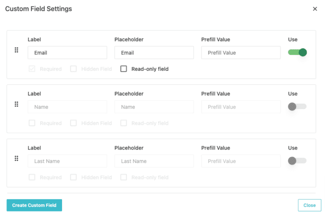 Moosend Form Editor edit custom fields