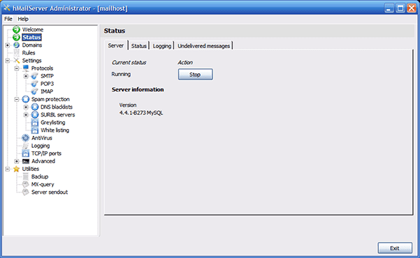 Screenshot do painel de controlo do hMailServer