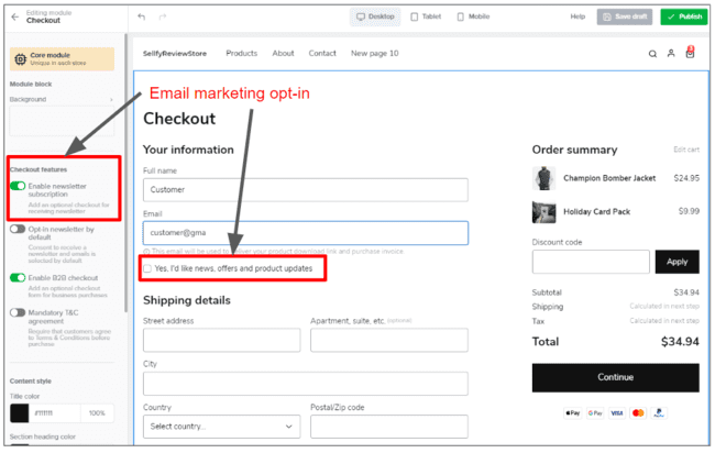 Sellfy checkout customization email marketing opt-in