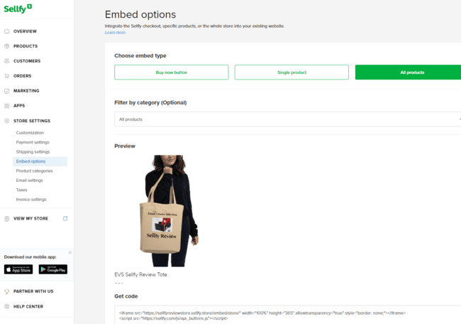 Sellfy embed options