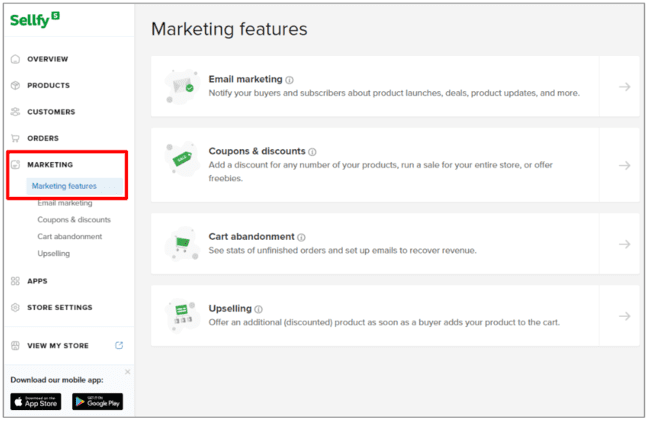 Sellfy marketing features