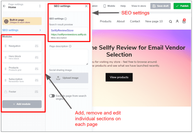 Sellfy page modules and seo settings
