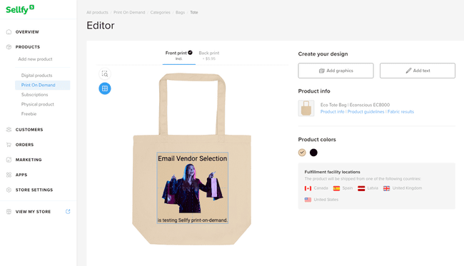 Sellfy print on demand editor