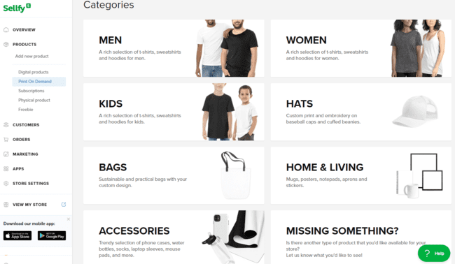 Sellfy print on demand options