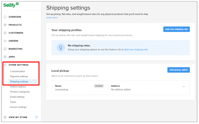Sellfy shipping settings