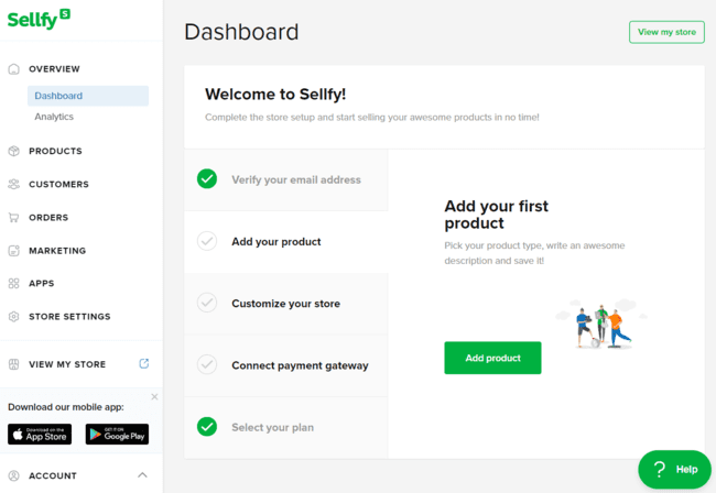 Sellfy welcome dashboard