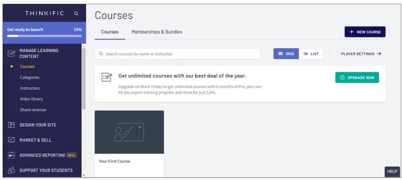 Online Course Creation Tools on the Thinkific Courses Page