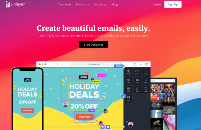 Unlayer email template builder signup page