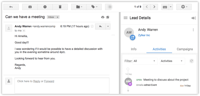 Zoho Gmail CRM for booking leads