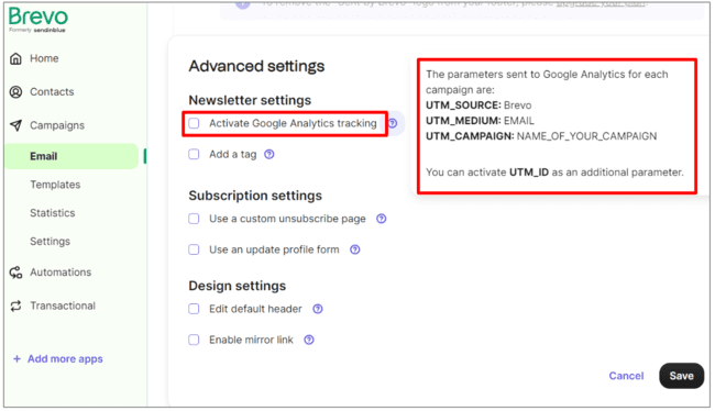 activating Google Analytics tracking in Brevo