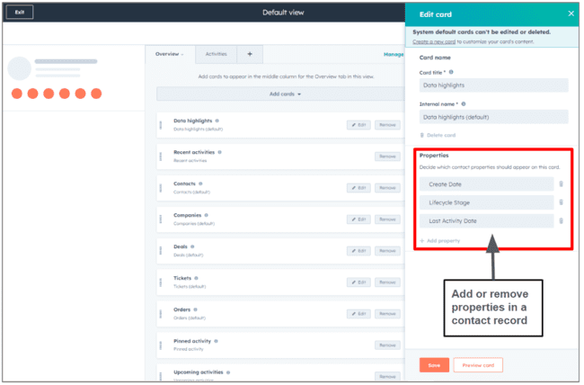 adding or removing properties in a Hubspot CRM contact record