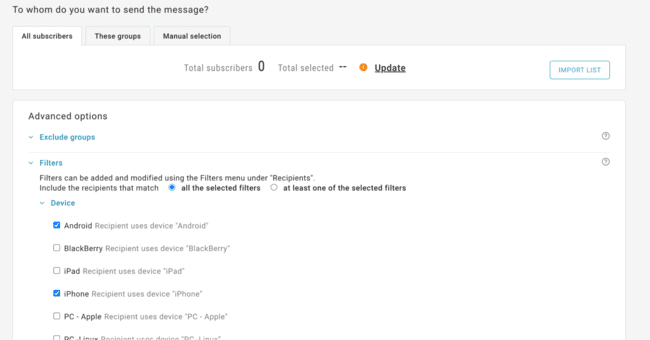 advanced sms sending options in Mailup