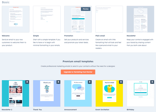biblioteca de modelos de e-mail da Hubspot