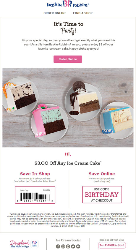 birthday email examples baskin robbins restaurant