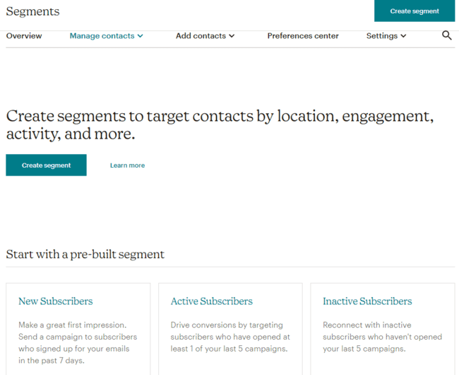 crear segmentos y segmentos preconstruidos en Mailchimp