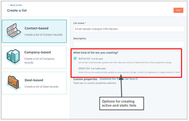 creating lists in Hubspot CRM
