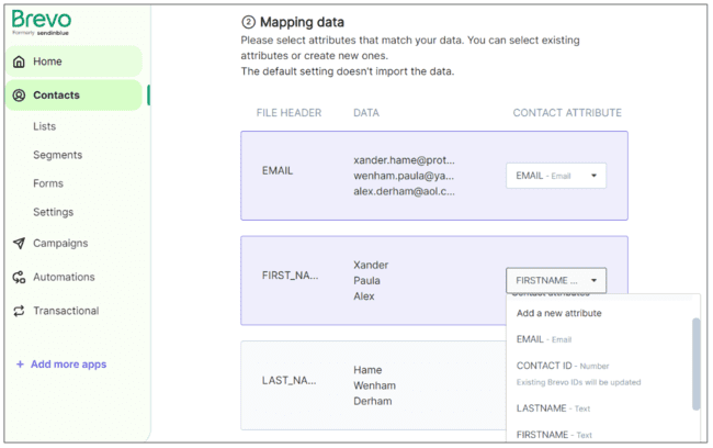 data mapping after importing contacts in Brevo